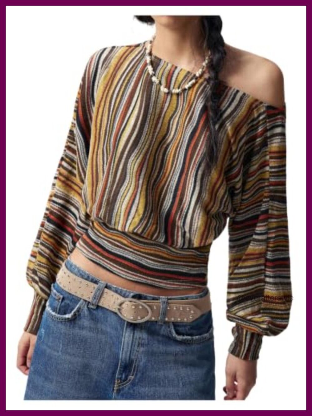Women's Striped Off Shoulder T-Shirt Bishop Sleeve Cinched Waist Boho Top